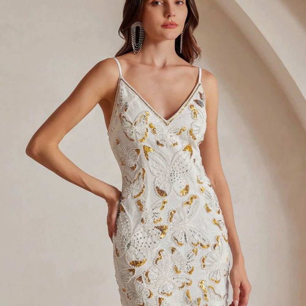 Elegant White and Gold Embellished Dress